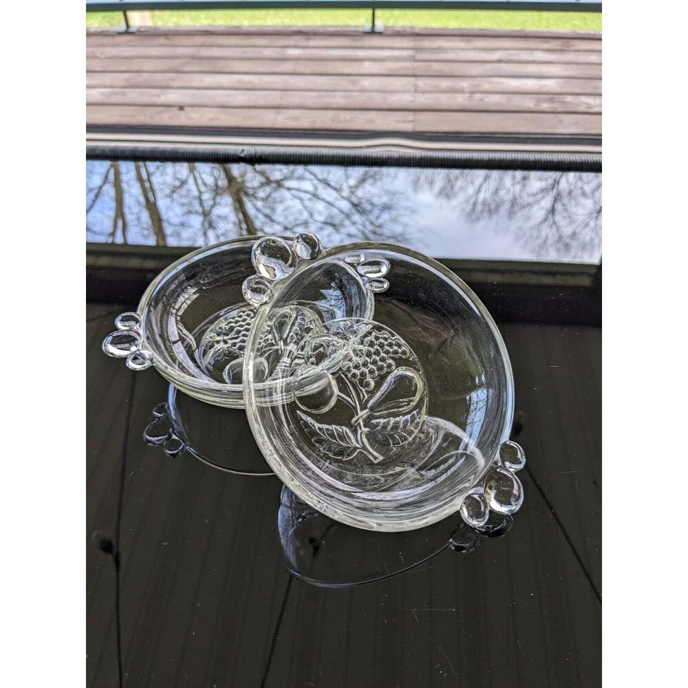 Vintage Clear Pressed Glass Berry/ Dessert Bowl Set Of Two Bottom Bubble Handles